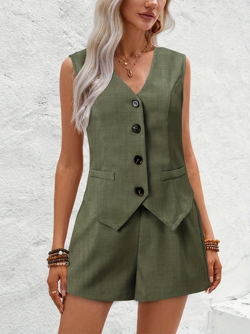 Women's Clothing new elegant commuter V neck button decoration vest shorts short two piece suit _autovado.com