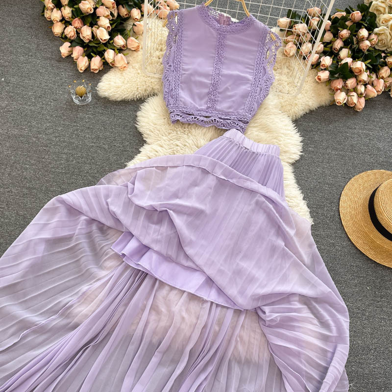 Women's fashion high-waisted lean pressed chiffon skirt two-piece set_autovado.com