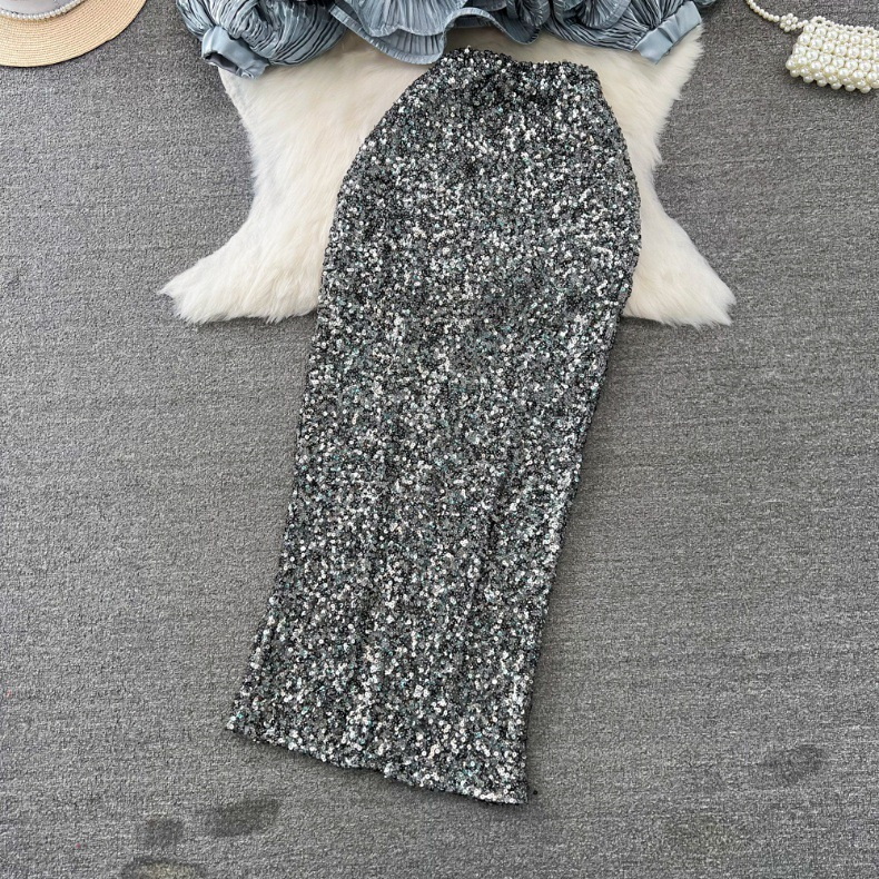 Women's fashion set female socialite temperament lantern long sleeve V-neck lotus leaf bright face shirt women's high waist sequin skirt_autovado.com