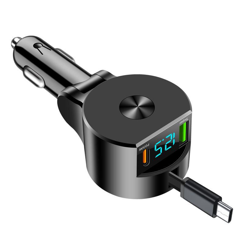 Digital Display Retractable Cable Charger PD Car Super Fast Charging Five-in-One Cigarette Lighter Cross-Border_autovado.com