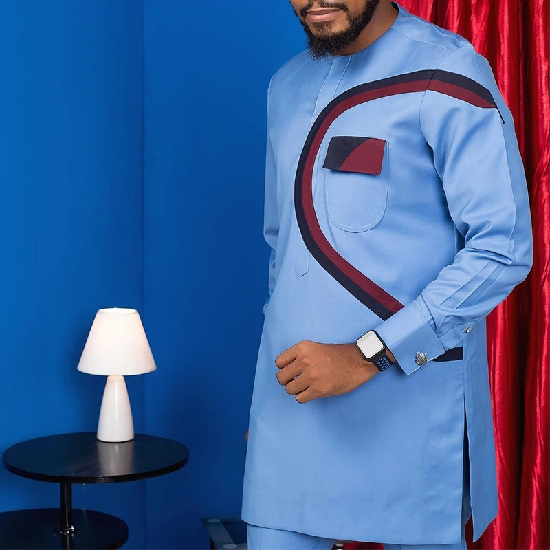 New Men's Tenos Wedding 2-Piece Suit Waist Pants Shirt Solid Color Panel Long Sleeve Party African Ethnic Style Clothing_autovado.com