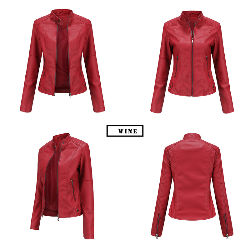Women's slim jacket Jacket Women's biker jacket large size standing collar leather jacket_autovado.com