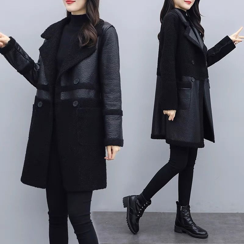 Women's fashion fur one with velvet thick suit collar wear loose plus fat plus leather coat on both sides_autovado.com
