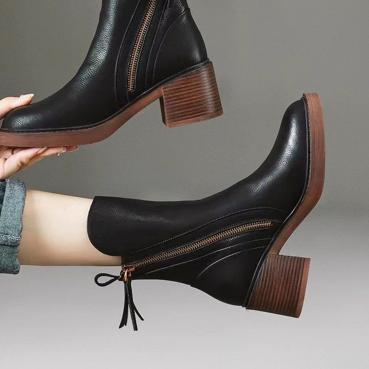 Vintage wind tube side zipper Martin boots new chunky heel fashion trend women's boots_autovado.com