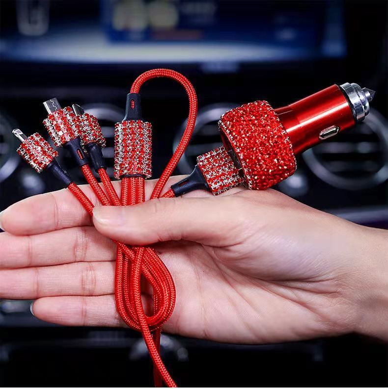 Car With Diamond Embedded One To Three Fast Charging Data Cable, Car USB Cigarette Lighter, Mobile Phone Charger_autovado.com