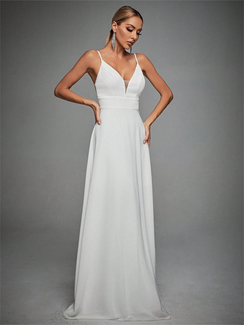 V-neck strappy lace backless evening gown prom dress party dress bridesmaid dress_autovado.com