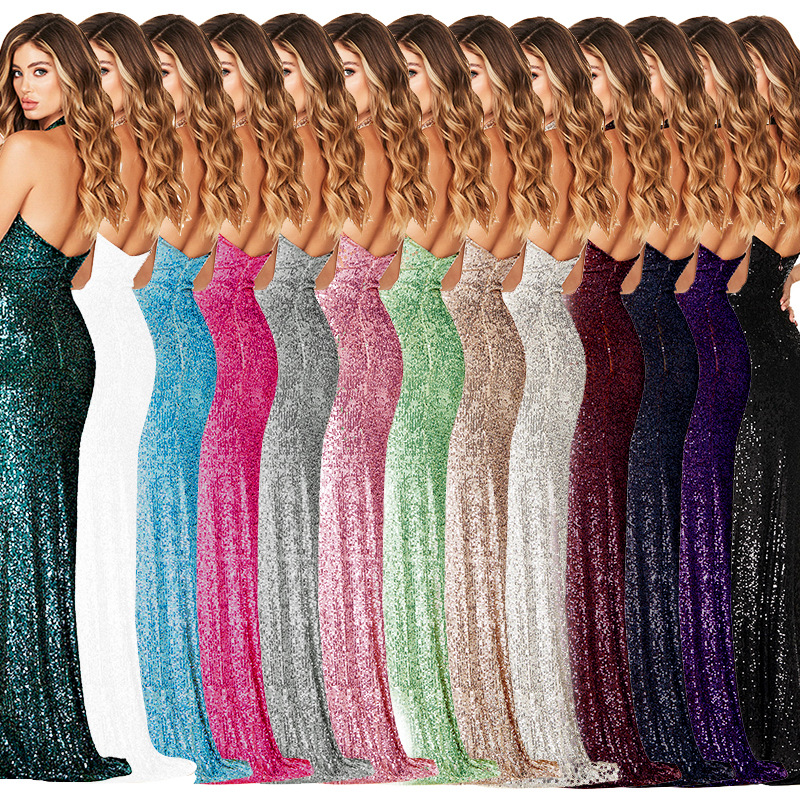 Women's slit sleeveless hot girl dress female halter neck backless sequin dress skirt_autovado.com