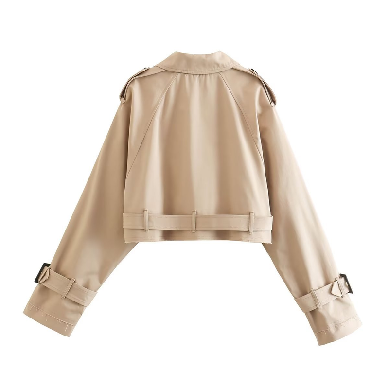 New women's European and American style belted long sleeved short casual windbreaker jacket_autovado.com
