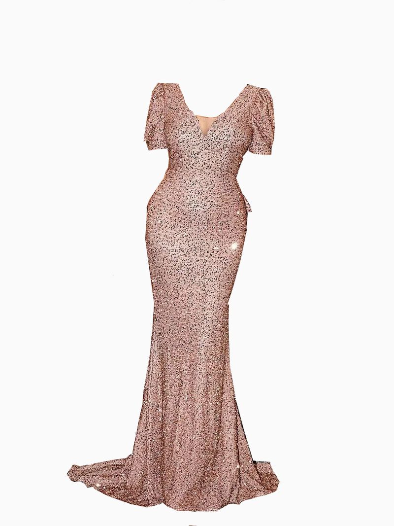 Women's New Fashion V-neck Hip-hugging Sequined Dress Mid-waist Puff Sleeve Long Temperament Evening Dress_autovado.com