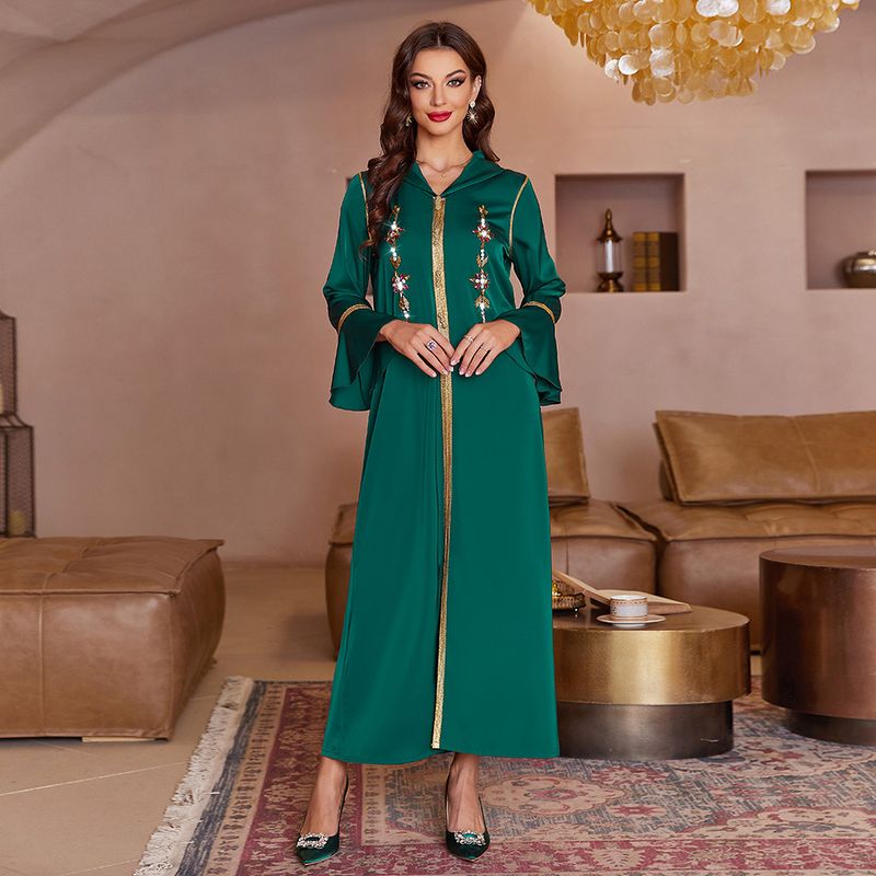 A815 dark green trumpet sleeves front slit walnut satin robe Dubai party banquet dress_autovado.com