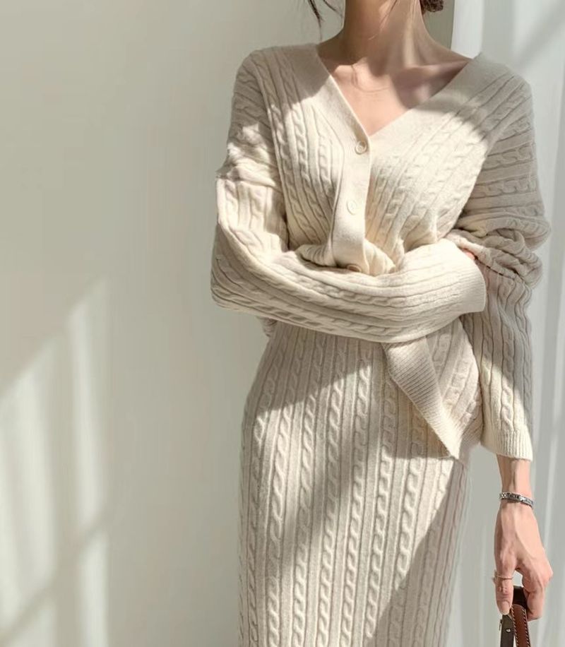 Women's Clothing elegant V-neck linen pattern knitted cardigan sweater + high waist sheath skirt_autovado.com