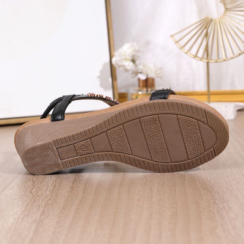 Women's fashion fashion wood bead rhinestone wedge heel comfortable large size sandals_autovado.com