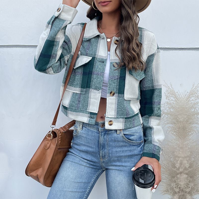 Women's clothing short plaid cardigan lapel jacket women_autovado.com