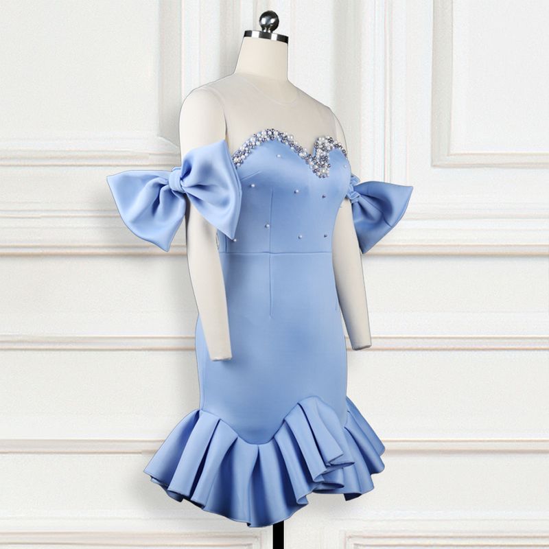 Women's Splicing perspective mesh beaded bow hip skirt party plus size women's dress party dress_autovado.com