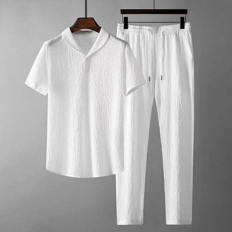 2Pcs/Set Summer Outfits Men's Sets Pure Color Short Sleeve Shirts Pants Two Piece Set Men Tracksuits спортивный костюм_autovado.com