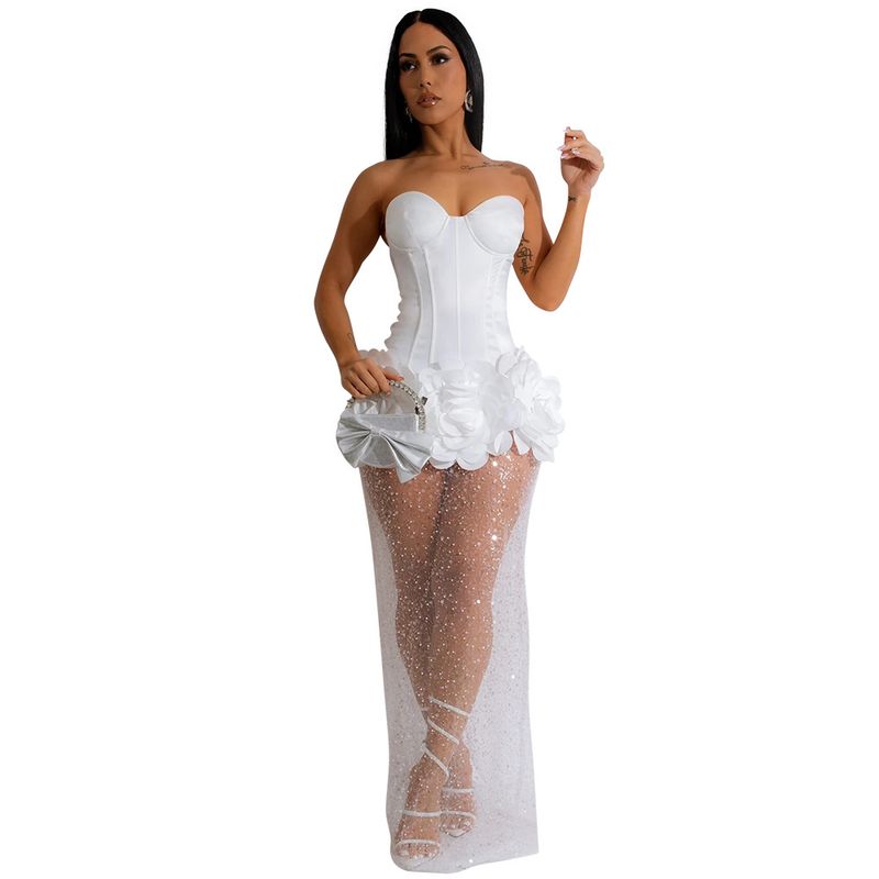 Tube Top Solid Color Satin Fabric Stitching Mesh Skirt Dress For Women, Fashionable Model_autovado.com