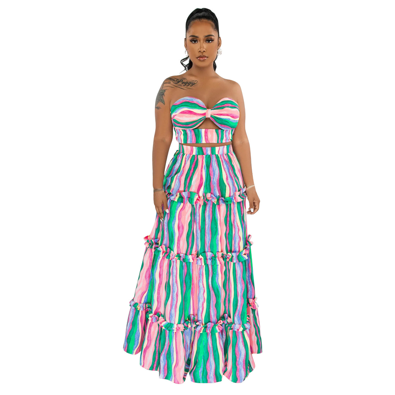 Women's Clothing fashion women's sleeveless tube top striped printed long skirt two-piece set_autovado.com