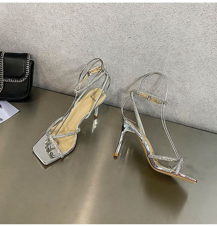 Women's fashion high sense 32-43 open toe square head silver rhinestones all French line with high heels sandals_autovado.com