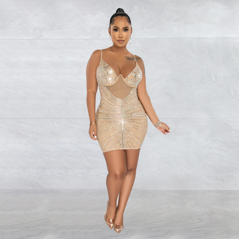Women's hot diamond mesh suspender sleeveless short skirt dress_autovado.com