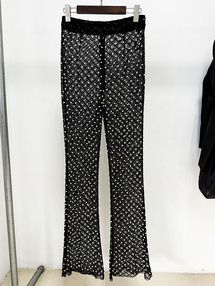 Women's Clothing New Style Hollow Beaded Three Dimensional Flower Suit Pearl Sequin Mesh Trousers Set_autovado.com