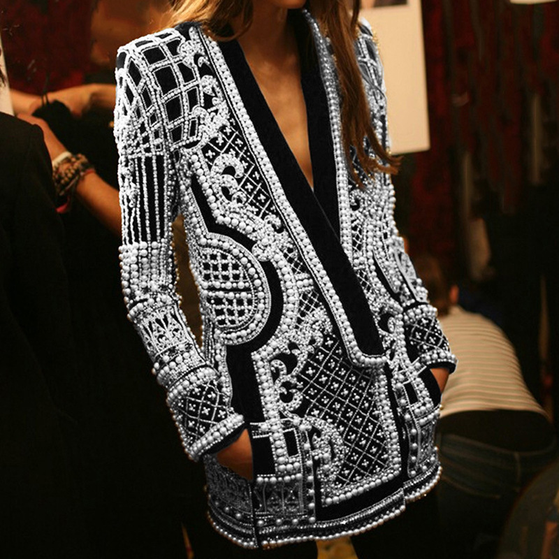 Women's autumn fashion V-neck long-sleeved thickened mid-length suit jacket_autovado.com