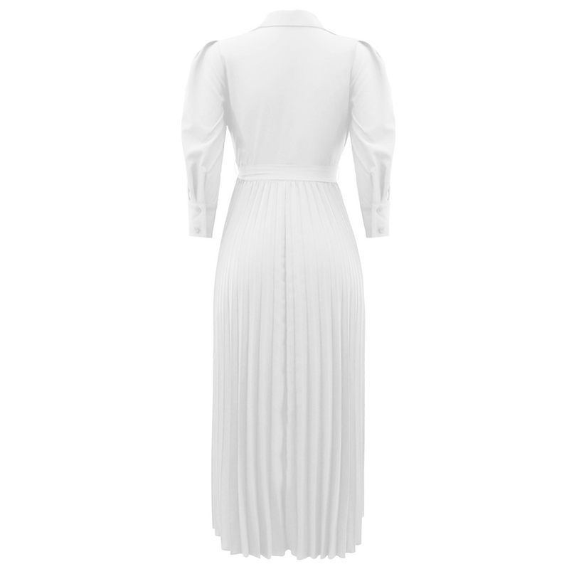 Long sleeved Polo collar high waist fashion casual pleated women's dress_autovado.com