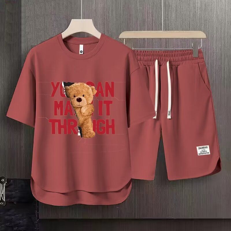 Men's Clothing 2024 Waffle Casual Summer Suit Men's Loose Teen Short sleeved T shirt Shorts Handsome Two piece Suit_autovado.com