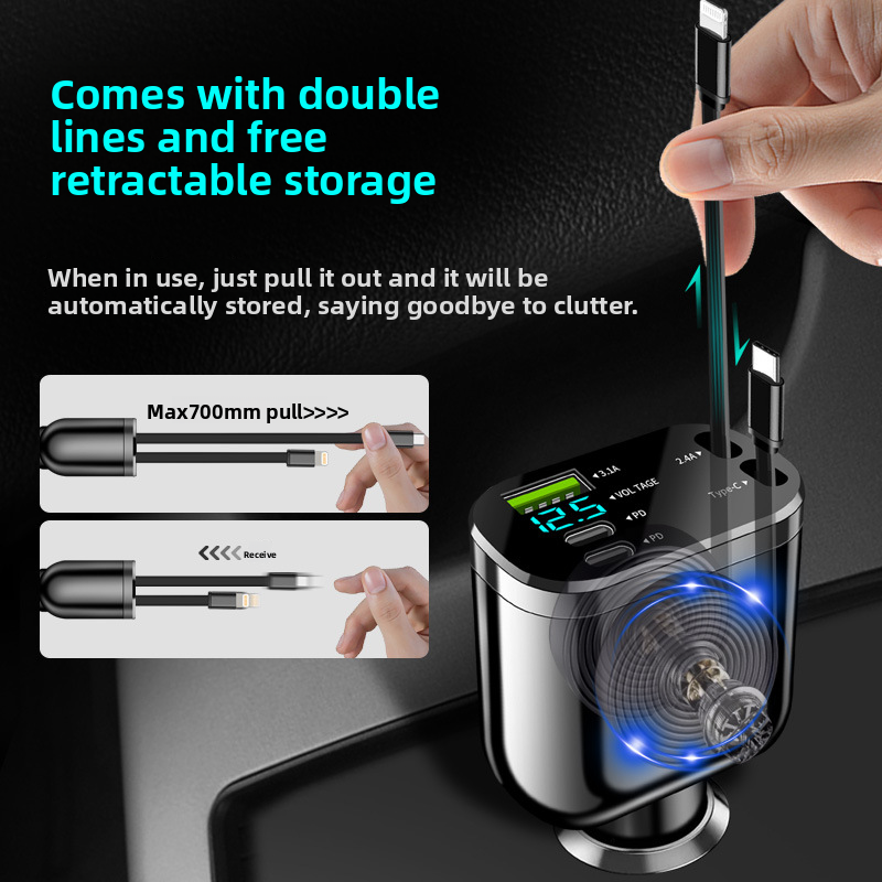 Digital Display Retractable Cable Charger PD Car Super Fast Charging Five-in-One Cigarette Lighter Cross-Border_autovado.com