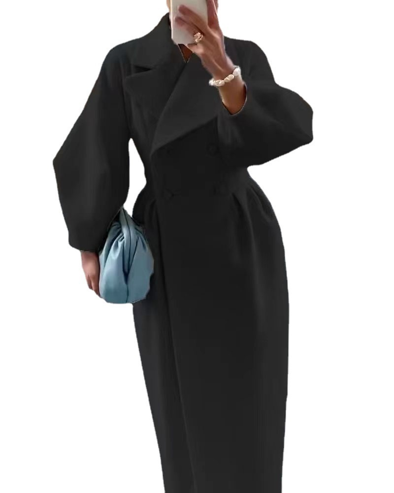 Women's woolen coat intellectual wind pocket lapel winter new solid color lantern sleeve female coat_autovado.com