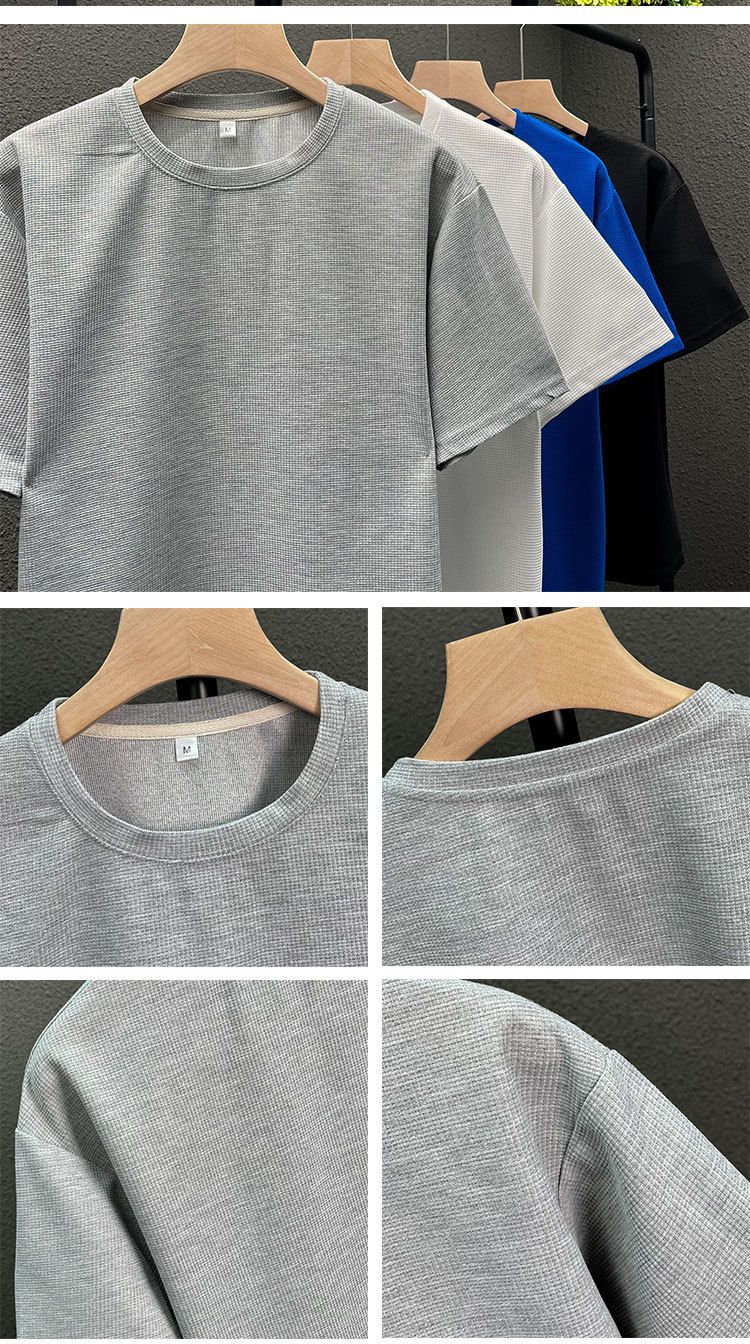 Men's Clothing waffle polo shirt short sleeved T shirt set summer loose clothes tops and pants suits for men_autovado.com