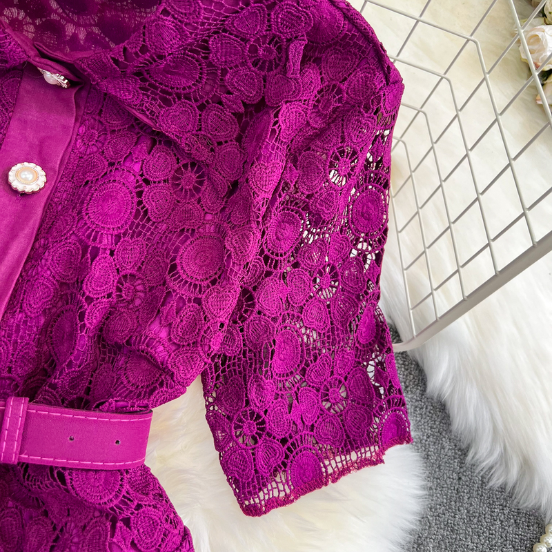 Women's fashion single breasted lace shirt two-piece set high waist a line pleated skirt_autovado.com