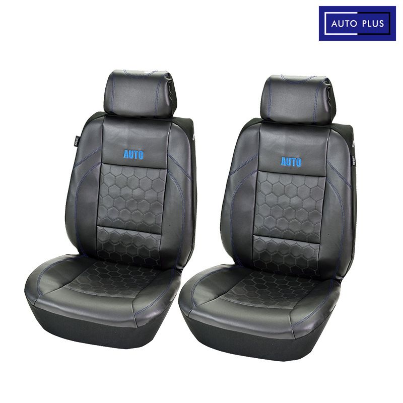 Two front car seat covers black football embroidery PVC splicing black PVC three-dimensional pressure line_autovado.com