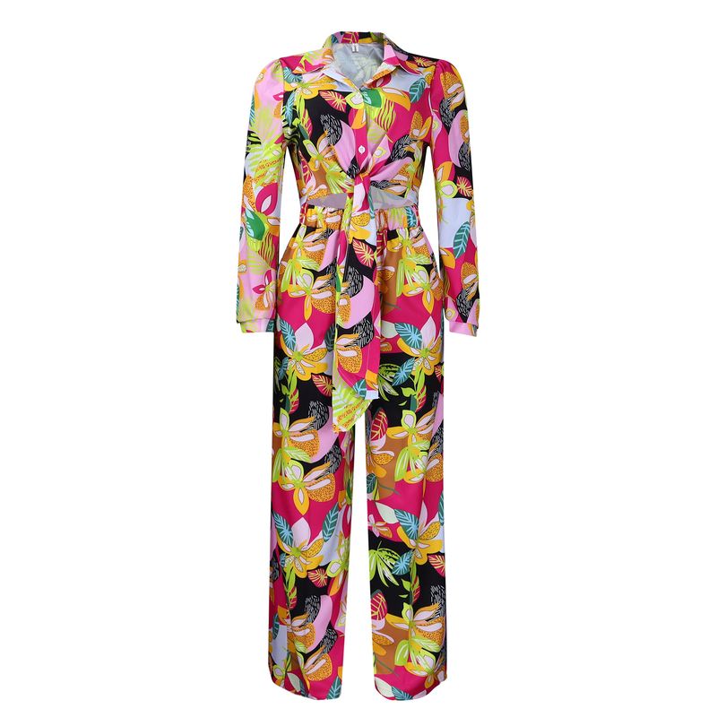Women's Fashion Print Two-piece Suit Lapel Tie Shirt Wide Leg Pants Suit_autovado.com