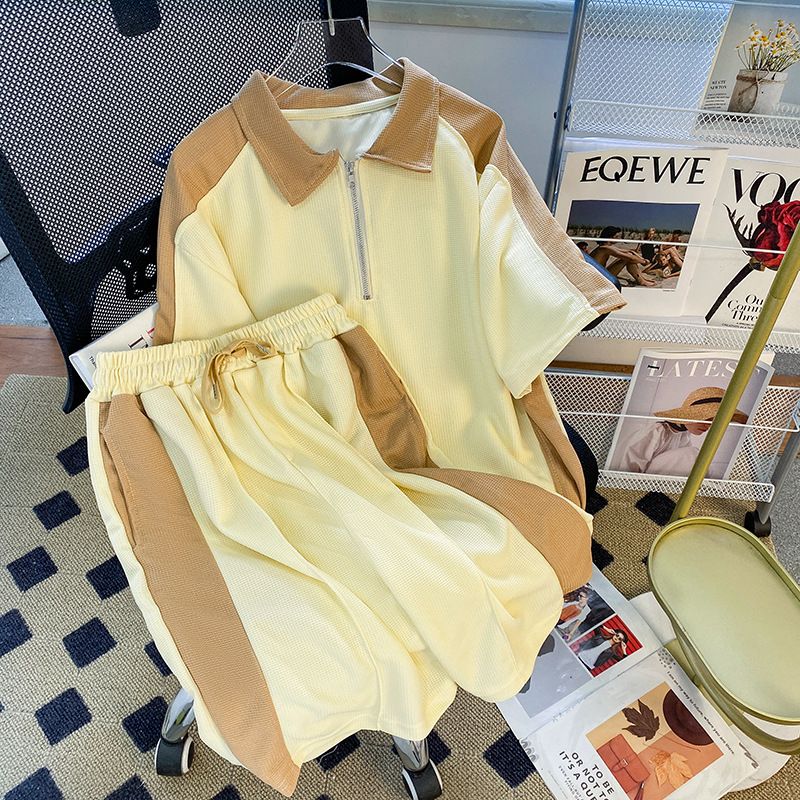 Men's Clothing Waffle sports suit summer men's clothing color matching lapel short sleeved T shirt set with handsome casual shorts_autovado.com