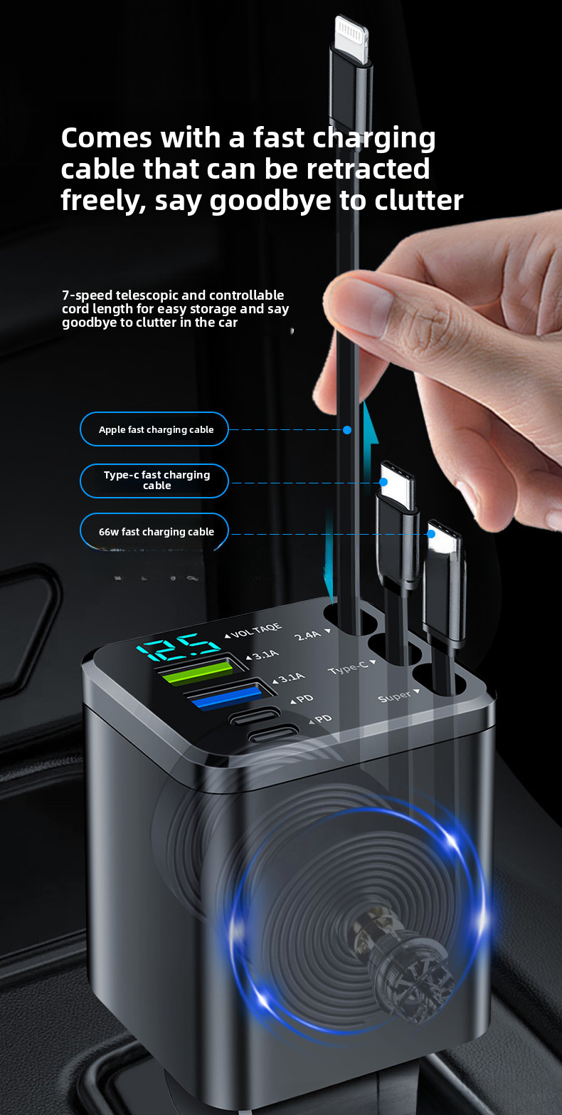 Digital Display Retractable Cable Charger PD Car Super Fast Charging Five-in-One Cigarette Lighter Cross-Border_autovado.com