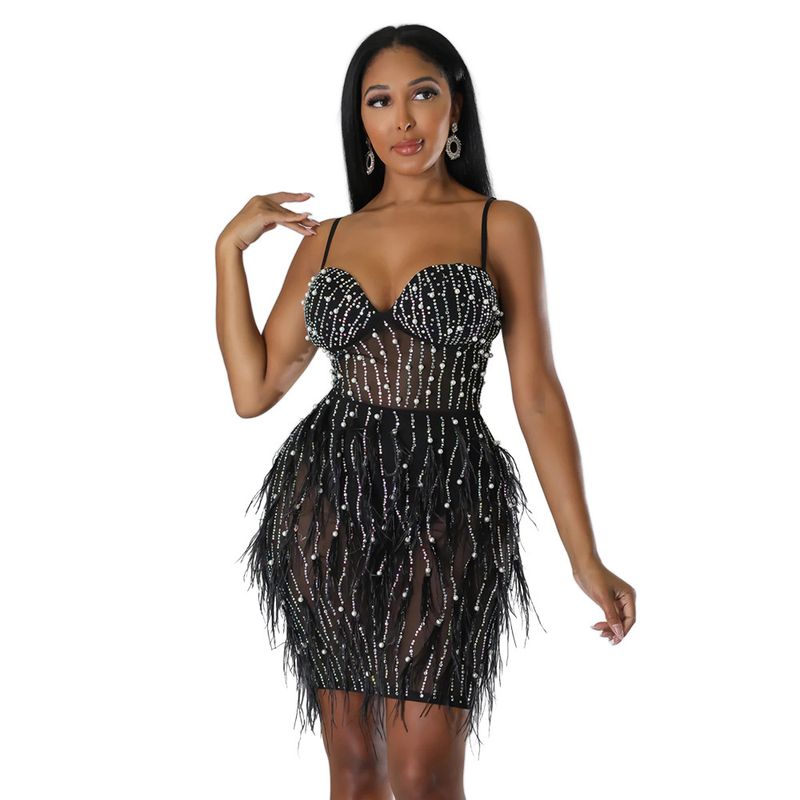 Women's Clothing sleeveless suspender hot diamond feather dress for women_autovado.com