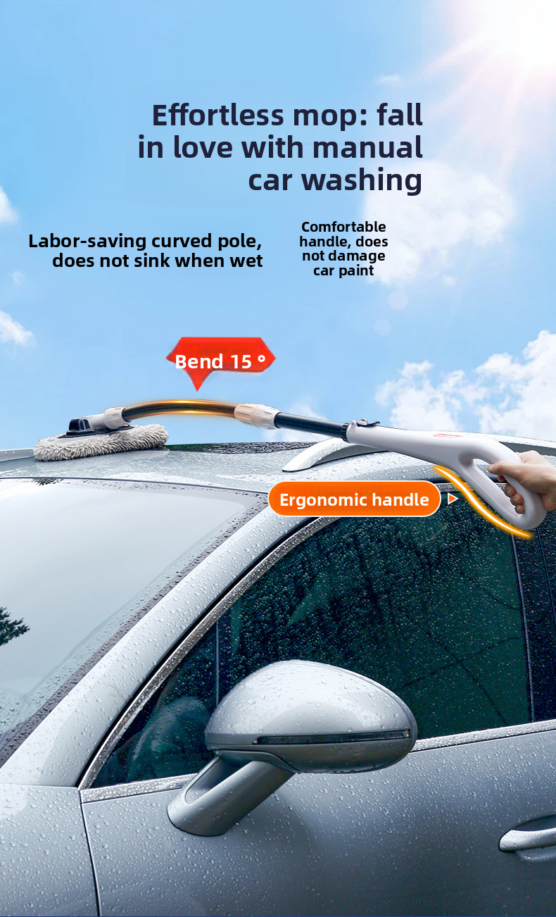 Wash Mop With Large Handle, Curved Rod, Labor-saving, Extendable, Detachable, Car Brush, Automotive Cleaning Tool_autovado.com