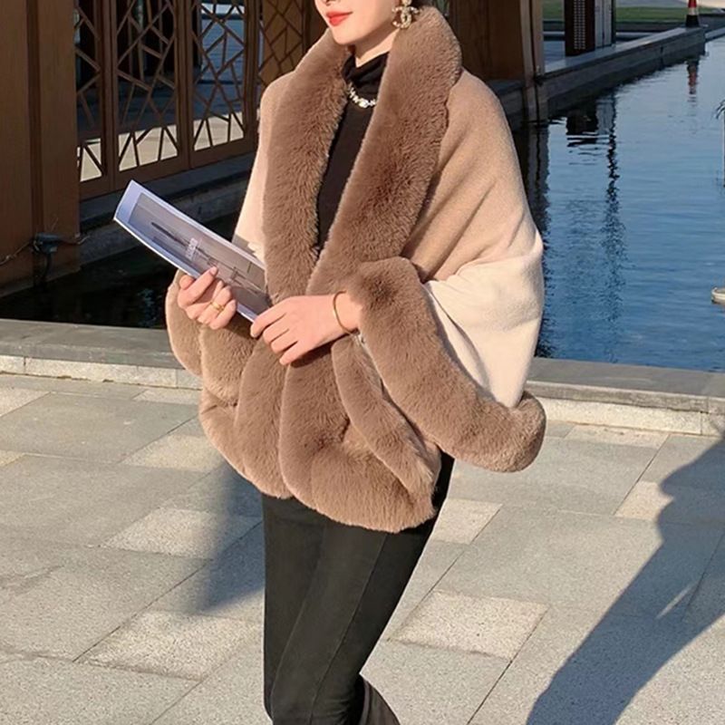 Women's Clothing New rex rabbit fur collar gradien autumn and winter shawl cape large size women's knitted cardigan jacket_autovado.com