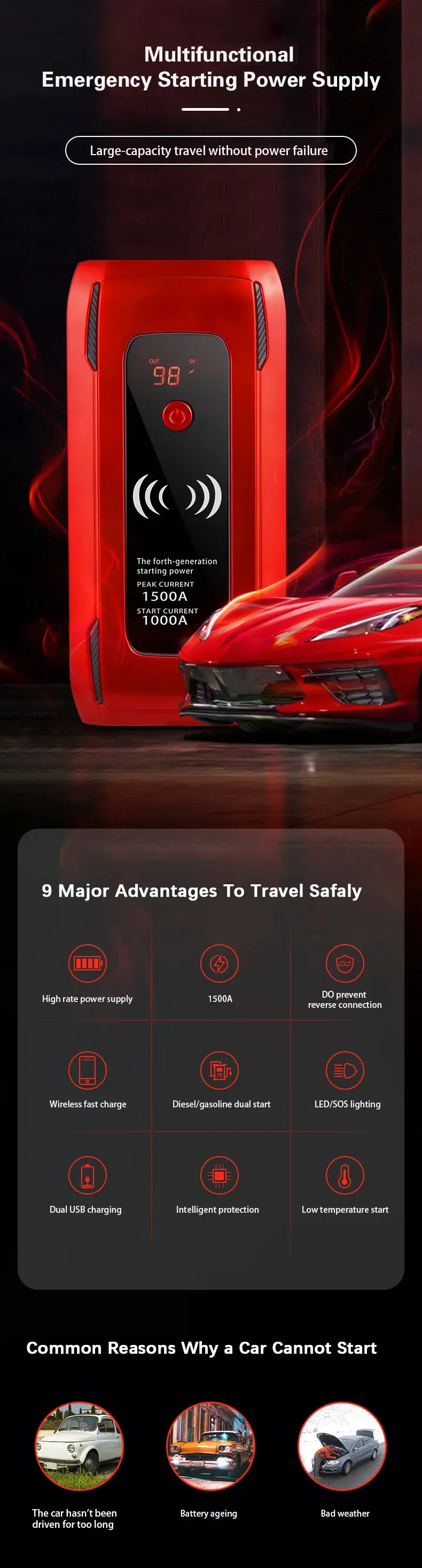 26000mah Car Jump Starter Emergency Starting Power Supply Outdoor Travel 12V Portable Mobile Electric Lighting Sets_autovado.com