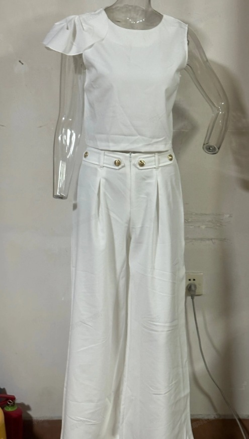 Women's Fashion Solid Color Single Room Petal Sleeve High Waist Temperament Pants Suit For Women_autovado.com