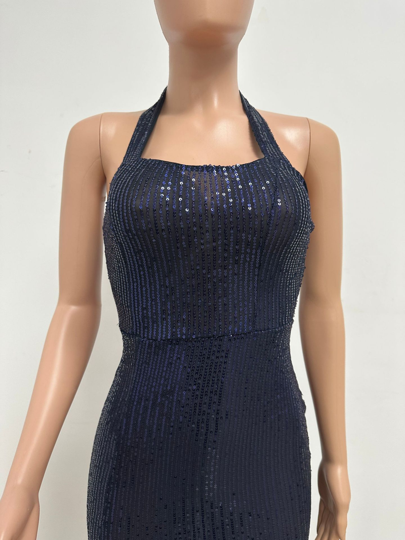 Women's slit sleeveless hot girl dress female halter neck backless sequin dress skirt_autovado.com