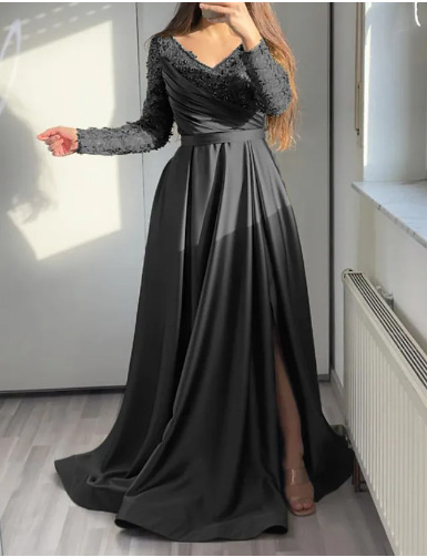 Women's dress chest ruffled red black green mid-waist solid color lace long skirt dress evening gown_autovado.com