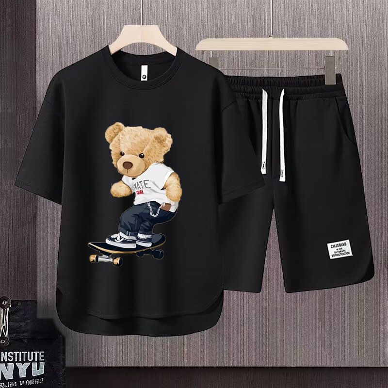 Men's Clothing 2024 Waffle Casual Summer Suit Men's Loose Teen Short sleeved T shirt Shorts Handsome Two piece Suit_autovado.com