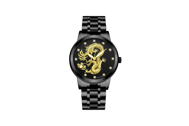 Men's Quartz Watch Men's Watch Diamond Yellow Gold Luminous Waterproof Steel Belt Relief Dragon Totem Watch_autovado.com