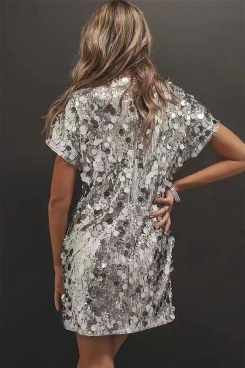 Women's Clothing sequin dress round neck fashion party high street hot girl short skirt_autovado.com