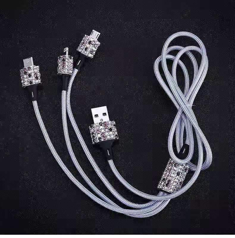 Car With Diamond Embedded One To Three Fast Charging Data Cable, Car USB Cigarette Lighter, Mobile Phone Charger_autovado.com