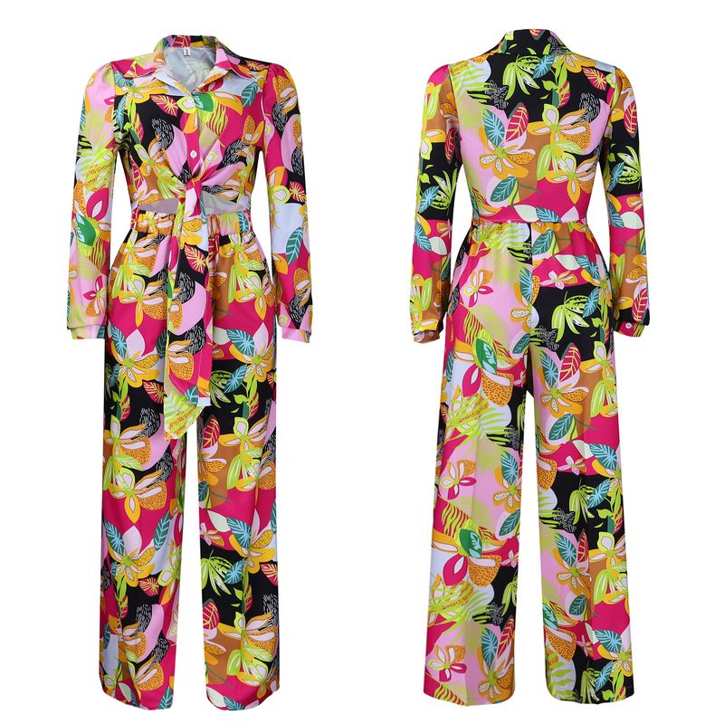 Women's Fashion Print Two-piece Suit Lapel Tie Shirt Wide Leg Pants Suit_autovado.com