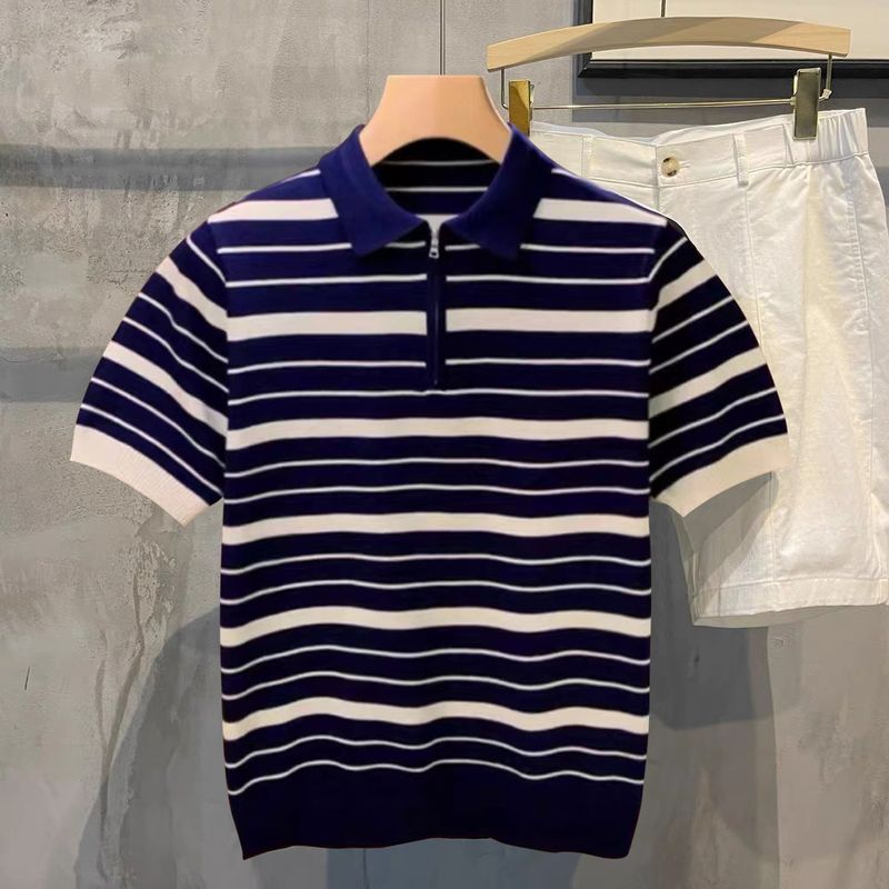 Men's Clothing Summer light mature simple fashion high end striped polo shirt men's young youth slim half zip collar T shirt men_autovado.com