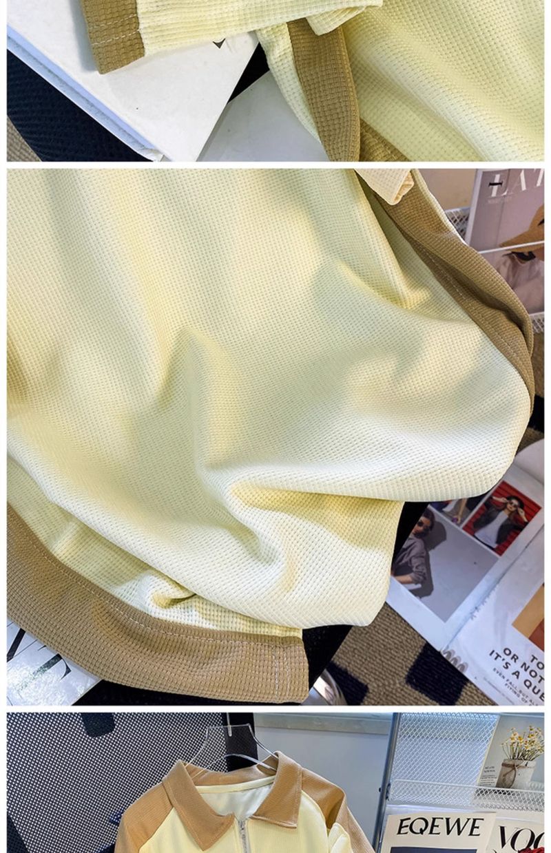 Men's Clothing Waffle sports suit summer men's clothing color matching lapel short sleeved T shirt set with handsome casual shorts_autovado.com