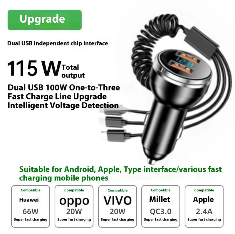 New digital car charger with one to three cable 100W super fast charging_autovado.com